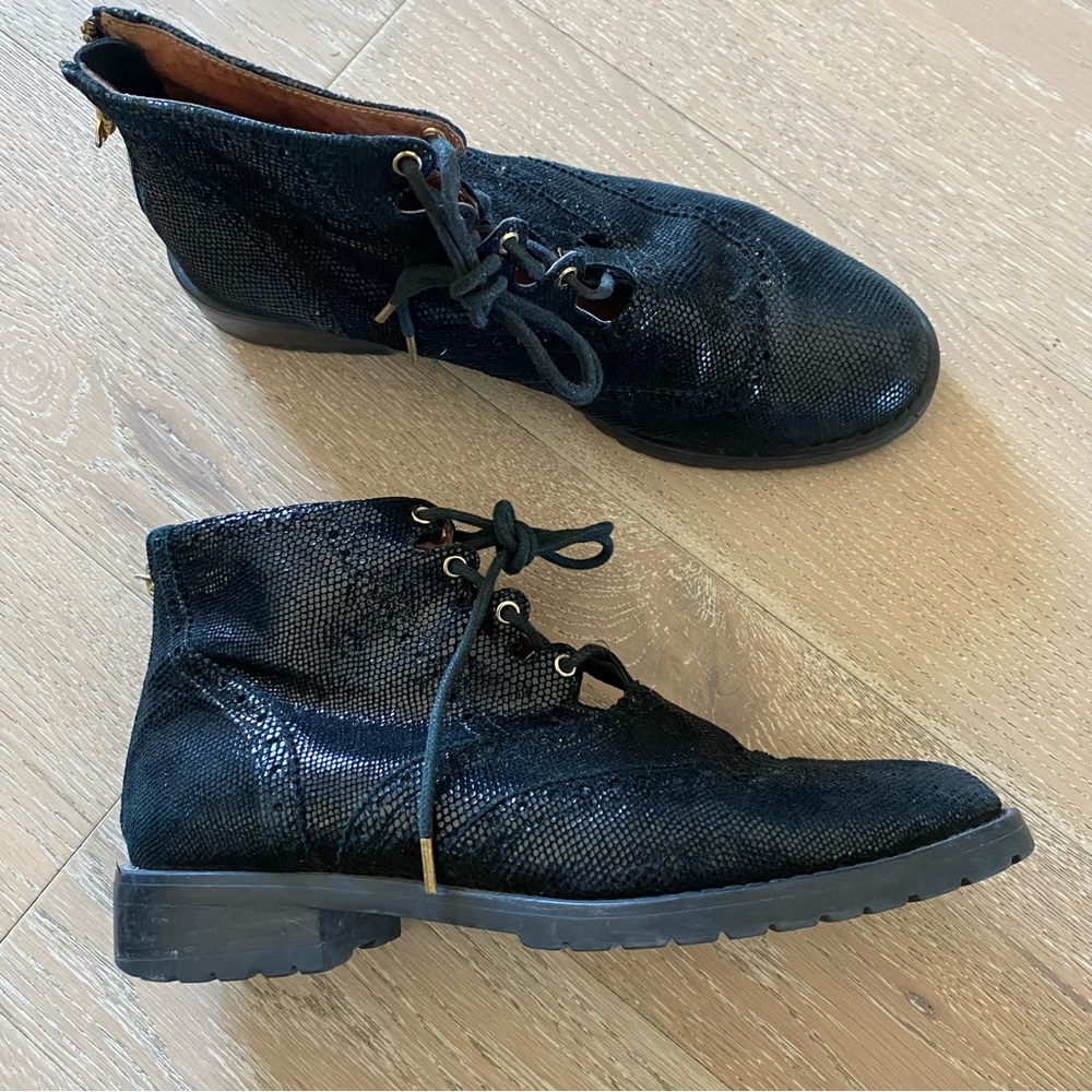 F-Troupe black metallic leather lace-up zip ankle booties wingtip 37 euro